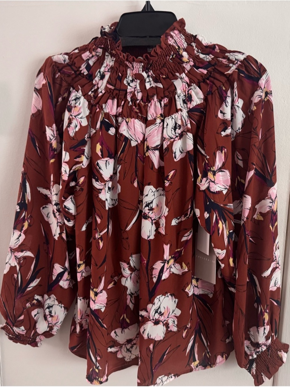 NWT Chelsea28 Women’s Brown Floral Polyester Mock Neck Long Sleeve Blouse Size S